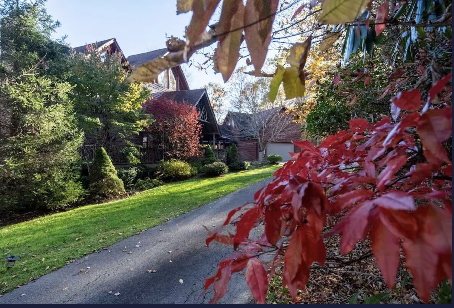 Lotts of Sky in autumn, red maple leaves framing the house
